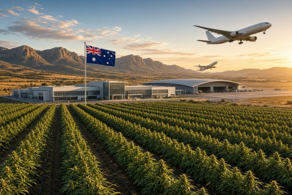 An aircraft landing beside Australian cannabis fields, illustrating record medical cannabis imports into Australia
