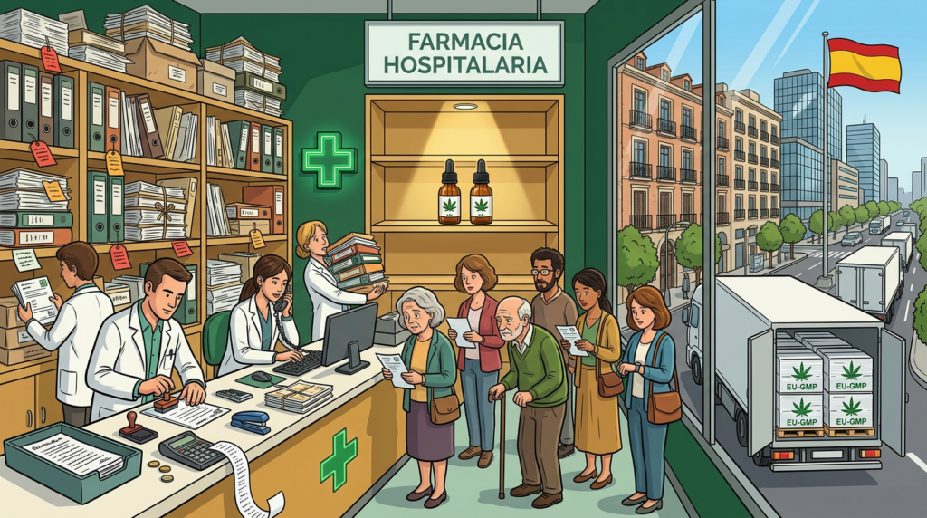 Illustration of a Spanish hospital pharmacy dispensing medical cannabis to a queue of patients