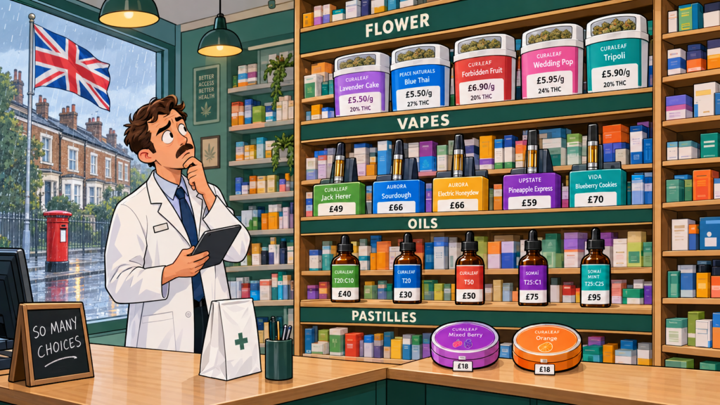 Illustration of a UK pharmacist facing shelves of medical cannabis flower, vapes, oils and pastilles with prices per gram and per product